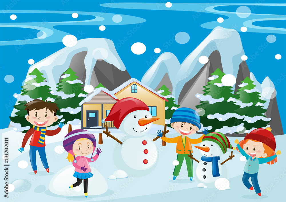 Naklejka premium Many children and snowman in the field