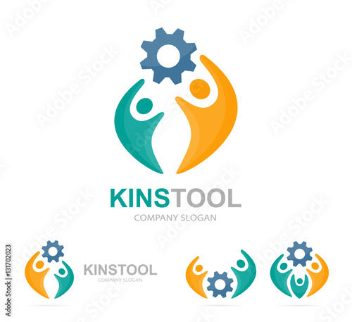 Vector gear and people logo combination. Industrial and family symbol or icon. Unique union, service, equipment, team and community logotype design template.