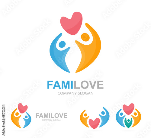 Vector heart and people logo combination. Cardiology and family symbol or icon. Unique union, embrace, connect, team and community logotype design template.