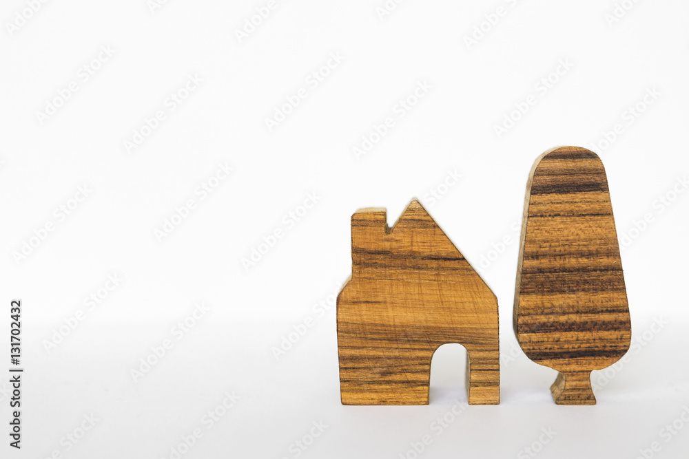Wooden house and wood texture tree model on white background Stock ...