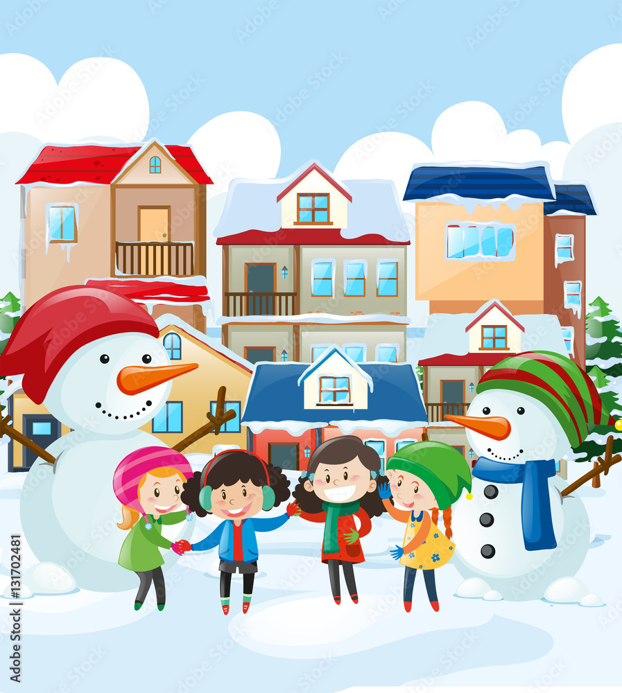 Naklejka premium Children and snowman in the village