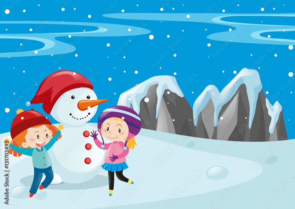 Two kids and snowman in the field Two kids and snowman in the field