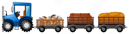 Tractor with three wagons loaded with stone and woods