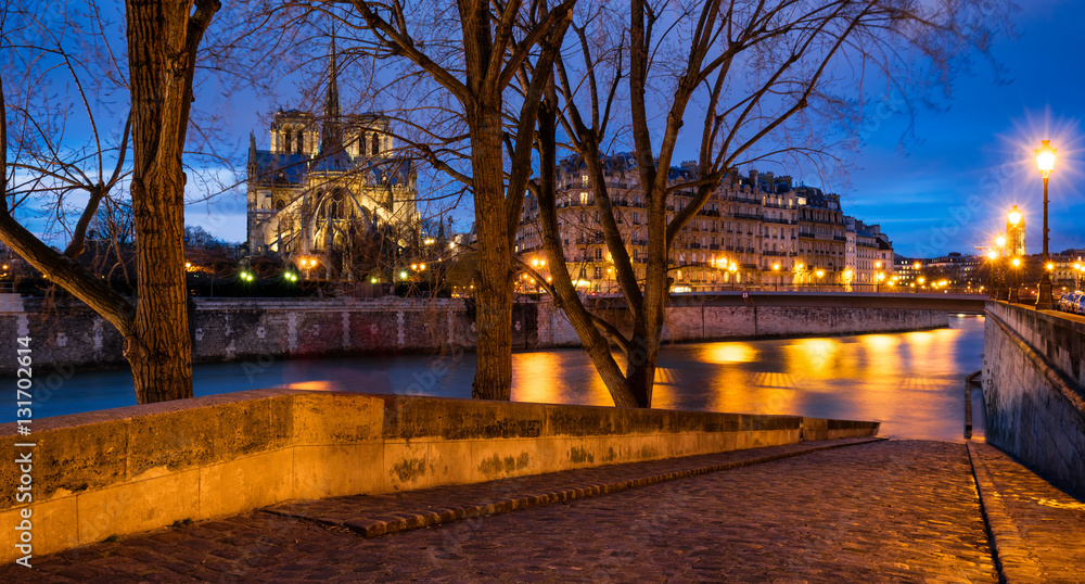 Twilight on Notre Dame de Paris cathedral and banks of Seine River from Ile Saint Louis. 4th Arrondissement, Paris, France