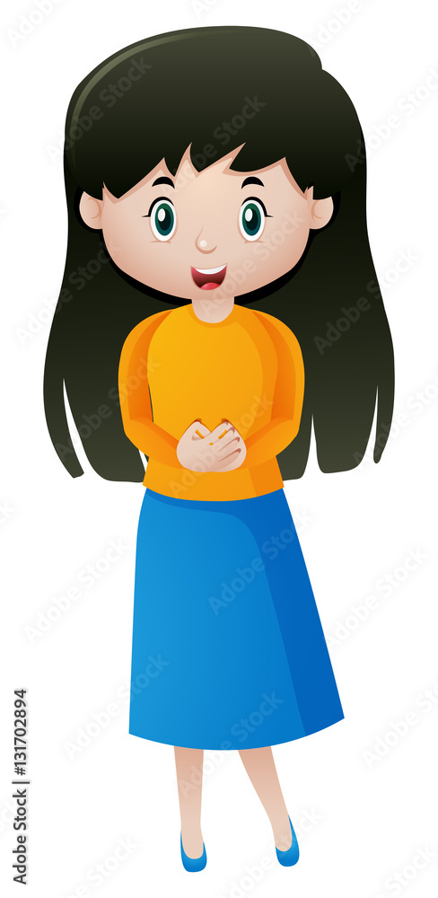 Woman in yellow shirt and blue skirt