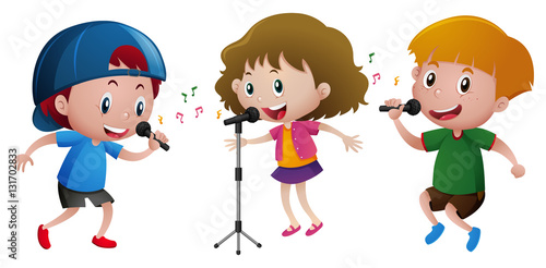 Three kids singing on microphone
