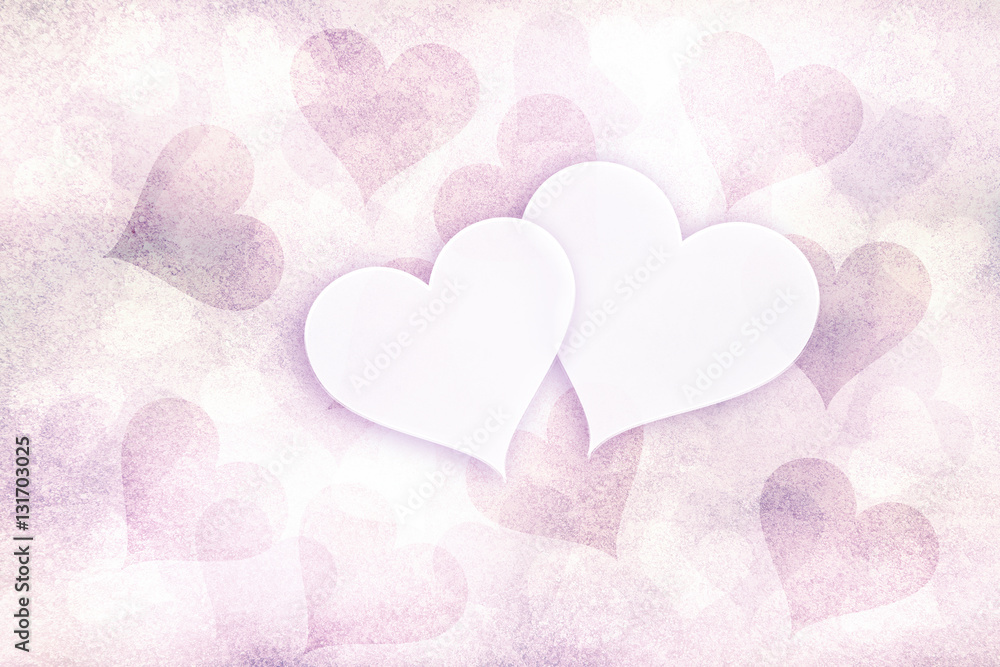 Grunge soft violet red pastel colored Valentine's Day background with two white copy space hearts illustration.