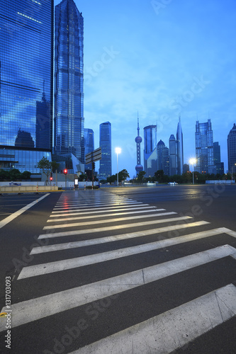 Empty road floor with city landmark buildings backgrounds