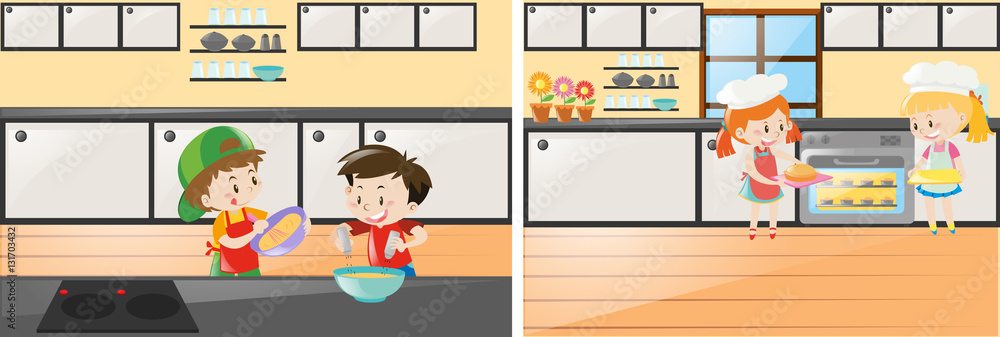 Kitchen scenes with kids cooking and baking