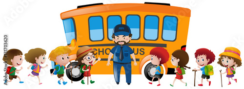 Children and bus driver standing by the schoolbus