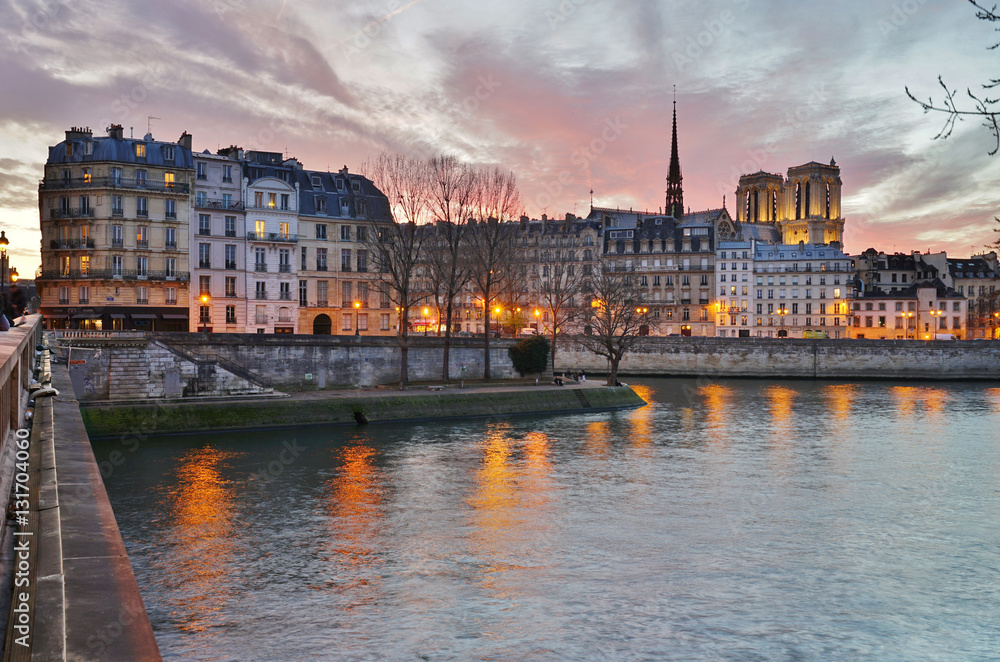 Fototapeta premium Beautiful pink sky at sunset over the Notre-Dame cathedral and the Seine River in Paris, France