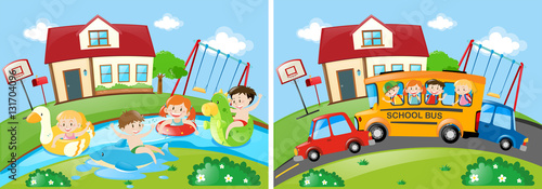 Two scenes with children swimming and riding on schoolbus