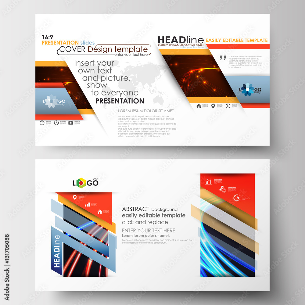 Business templates in HD format for presentation slides. Easy editable flat layouts. Abstract lines background with color glowing neon streams, motion design vector.