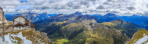 View over Falzarego Pass to Cinque Torri  Alta Badia  Dolomites  South Tyrol  Italy  