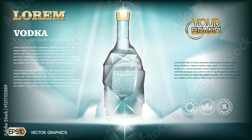 Digital vector aqua silver vodka bottle mockup with ice and sparkle, with your brand, ready for print ads or magazine design. Glossy and shine, realistic 3d style