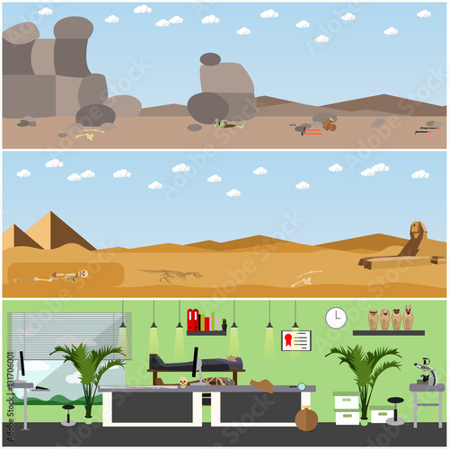 Vector set of posters, banners with archaeologists places, tools and equipment.