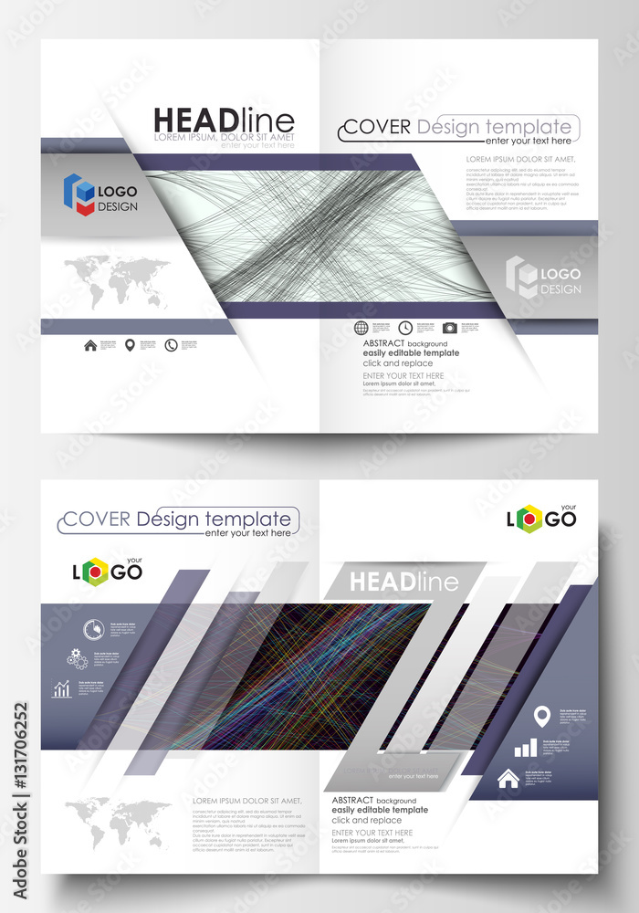 Business templates for bi fold brochure, magazine, flyer. Cover template, easy editable vector, flat layout in A4 size. Abstract waves, lines and curves. Dark color background. Motion design.