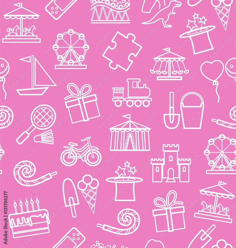 Children's entertainment and leisure, background, seamless, pink, contour. Vector background with objects for the entertainment of children. White linear image on a pink field. Children's entertainment and leisure, background, seamless, pink, contour. Vector background with objects for the entertainment of children. White linear image on a pink field.
