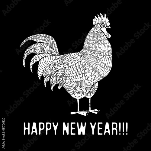 New year Rooster, Chicken, domestic farmer Bird. Hand drawn cock for anti stress Coloring Page with details