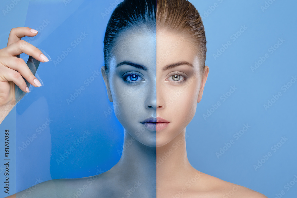beautiful woman covering a blue filter - obrazy, fototapety, plakaty 
