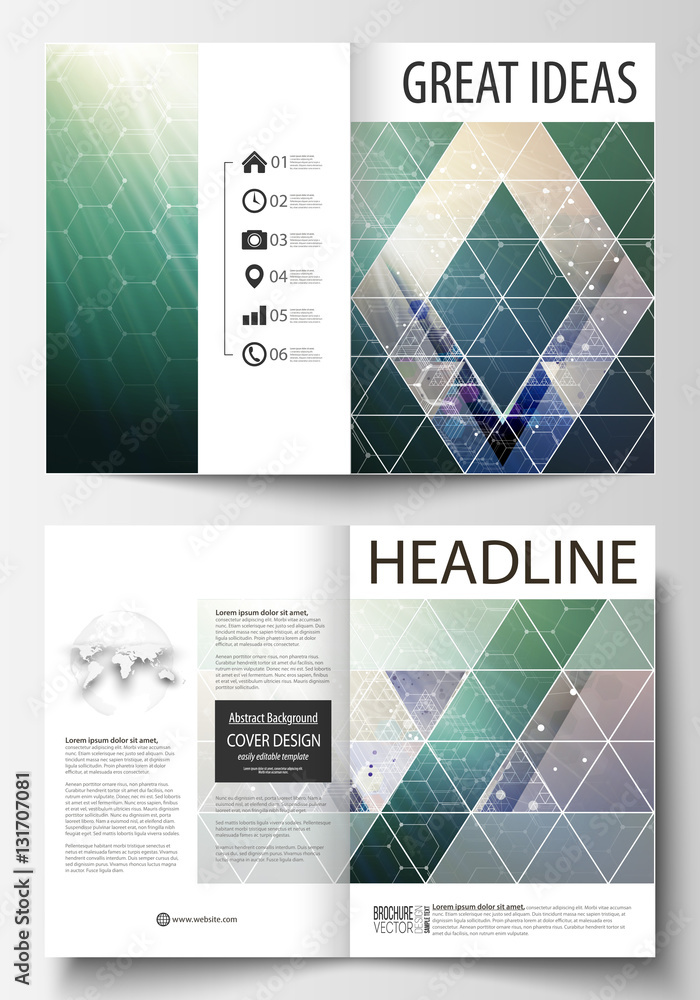 Business templates for bi fold brochure, magazine, flyer, booklet. Cover design template, vector layout, A4 size. Chemistry pattern, hexagonal molecule structure. Medicine, science, technology concept