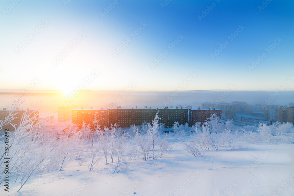 Winter dawn and the frosty fog. Winter dawn and the frosty fog.