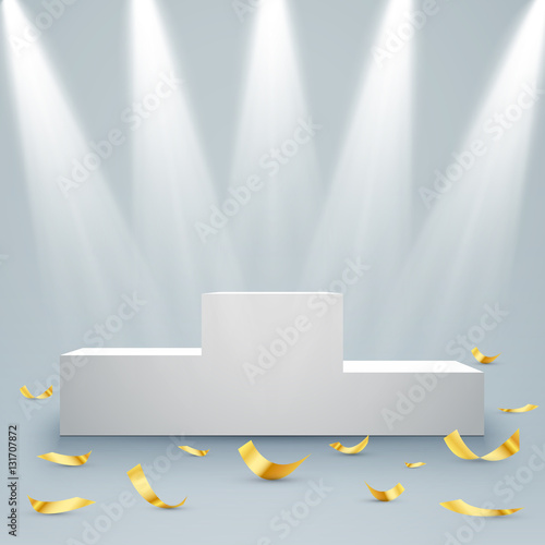 White winners podium with spotlights and confetti. Vector.