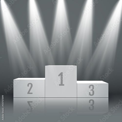 White winners podium with spotlights and confetti. Vector.