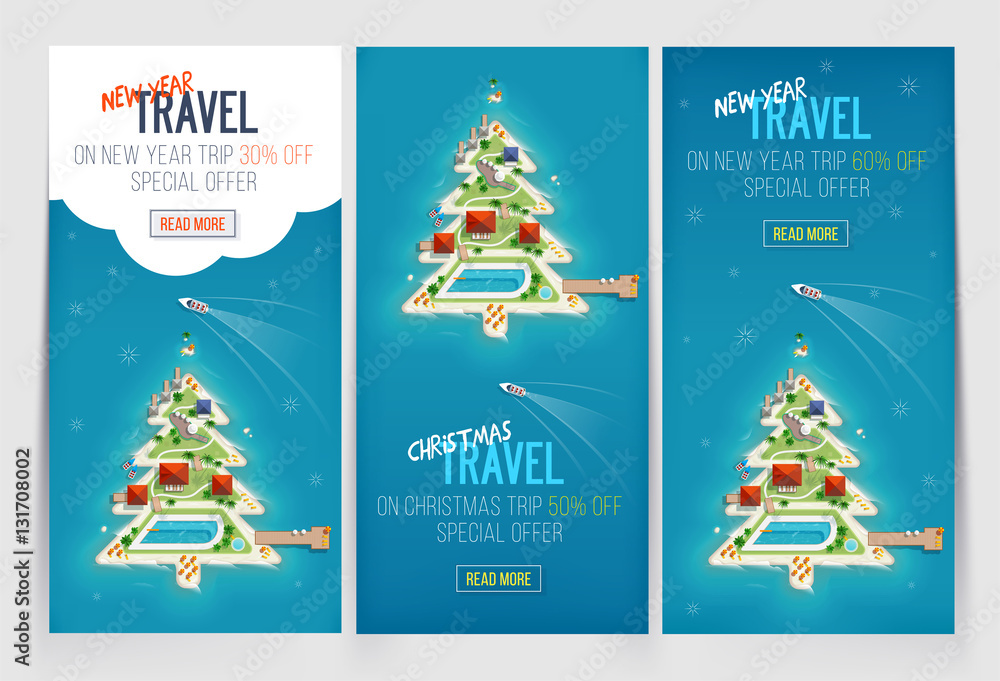 Naklejka premium Three New Year and Christmas Vacation Holiday banners. Island in the form of a Christmas tree. Top view of the island. Special offer, Holiday trip. sale and discount. Travel and tourism.
