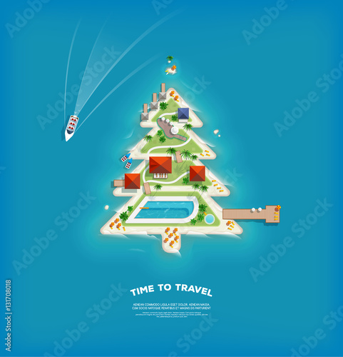 Creative poster with Island in the form of a Christmas tree. Vacation holiday banner. Top view of the island. Holiday trip. Travel and tourism.