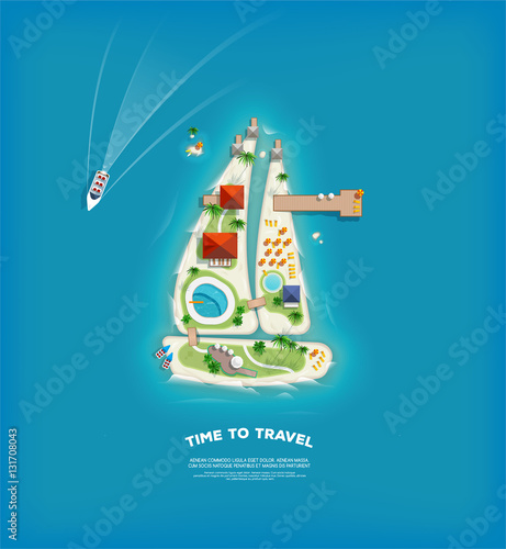 Top view of the island in the form of a sailing ship. Time to travel and vacations poster. Holiday trip. Travel and tourism.