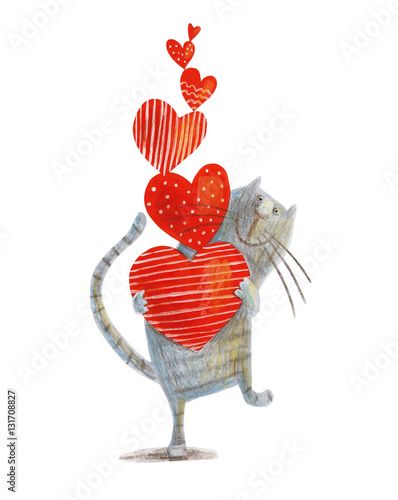 Cat with hearts. Hand drawing illustration