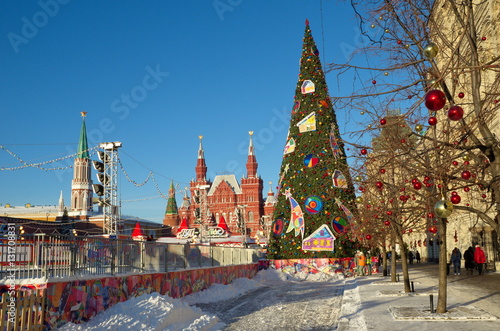 Moscow, Russia - 7 December 2016: Christmas tree near the Gum. GUM-skating rink on red square
