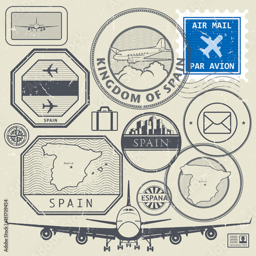 Travel stamps or adventure symbols set, Spain theme