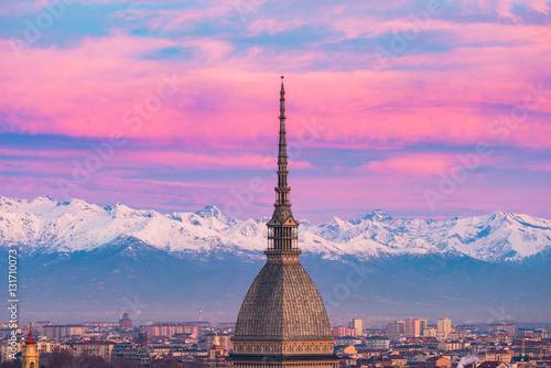 Wallpaper Mural Torino (Turin, Italy): cityscape at sunrise with details of the Mole Antonelliana towering over the city