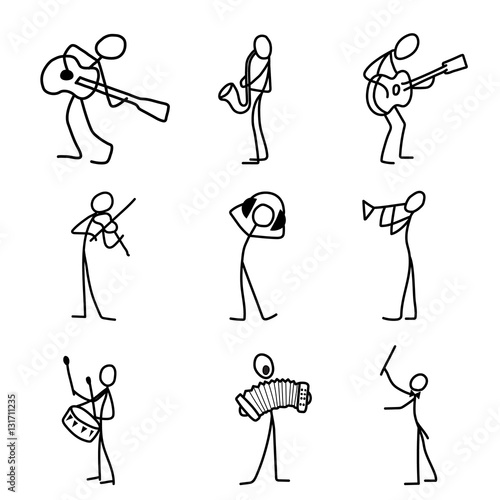 Cartoon icons set of sketch stick musician figures in cute miniature scenes.