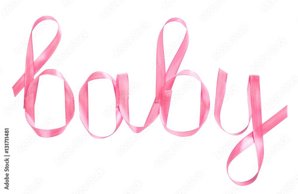 The word baby written in pink ribbon for gifts. The white background isolated