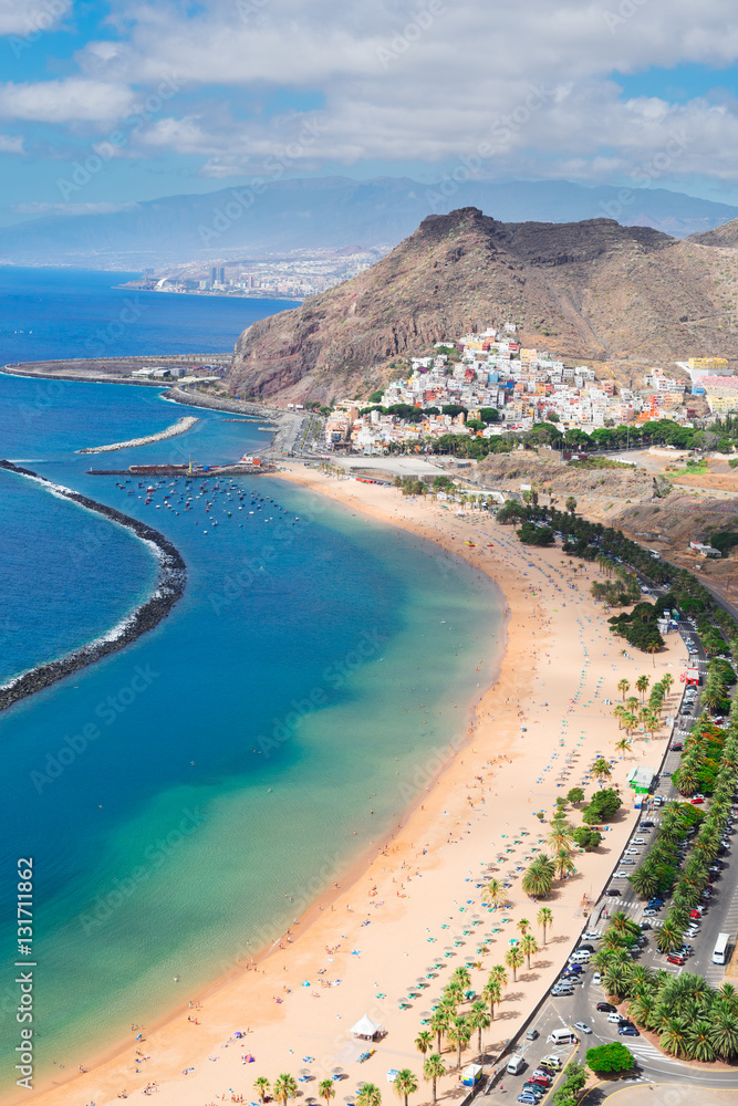 aerial view of coast line Las Teresitas beach and San Andres village, Tenerife