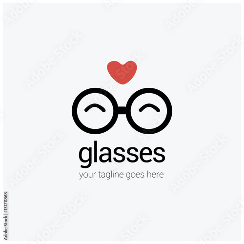 round eye glasses Logo with a heart, love, isolated on background.cartoon simple flat sign.Business, internet concept.Trendy optic vector symbol design or button to mobile app.icon illustration