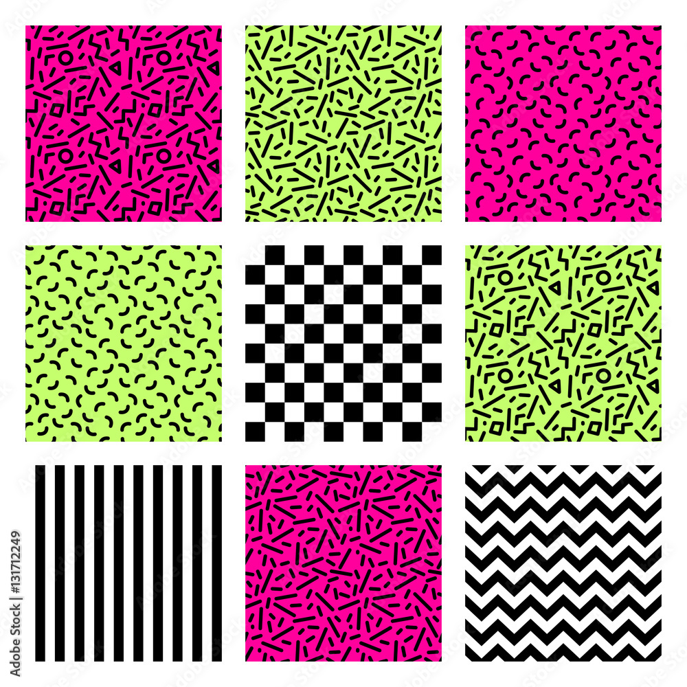 Cute set of seamless geometric patterns in 80's style