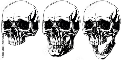 Scary graphic human skull with black eyes set