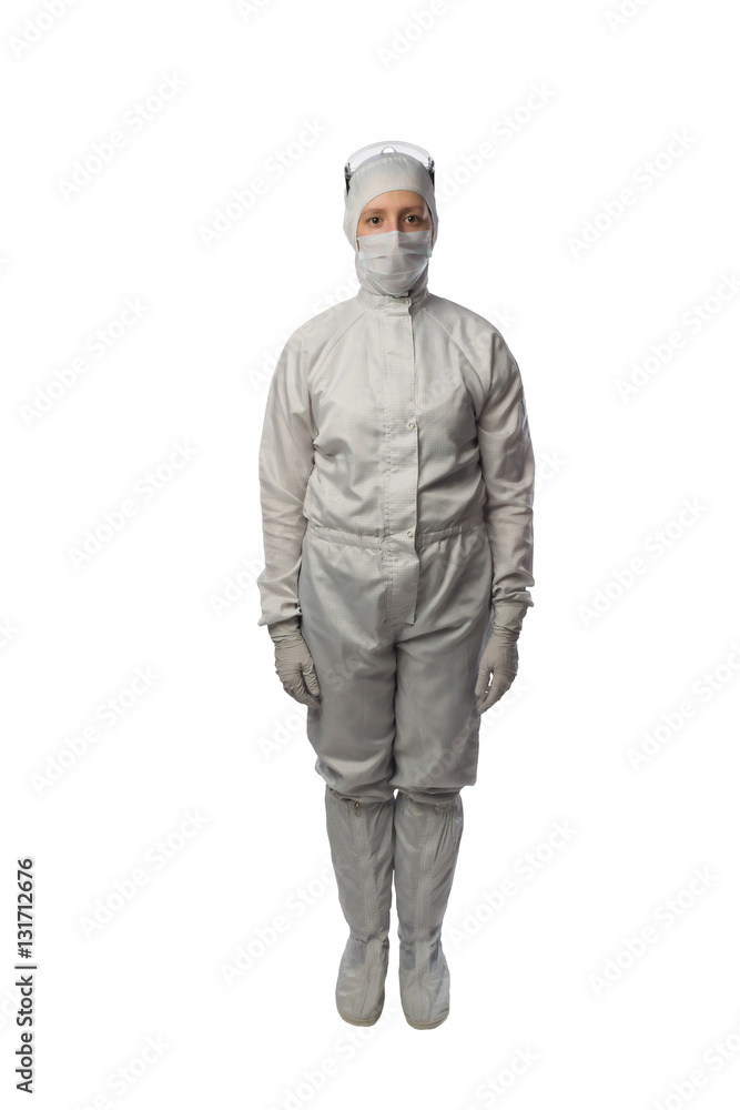 woman in a protective suit stands exactly on a white background