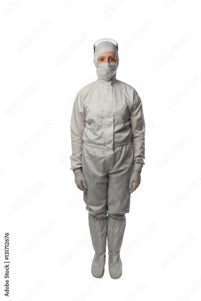 woman in a protective suit stands exactly on a white background woman in a protective suit stands exactly on a white background