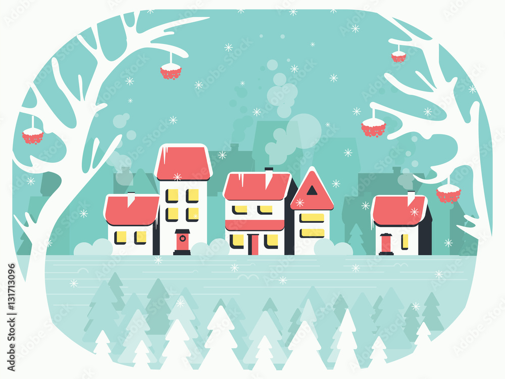 custom made wallpaper toronto digitalWinter background with a peaceful village in snow, trees and rowan