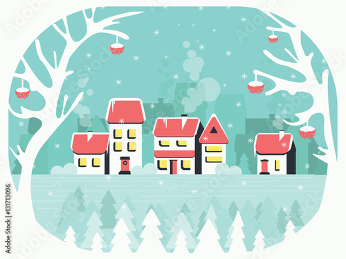 Wallpaper Mural Winter background with a peaceful village in snow, trees and rowan Torontodigital.ca