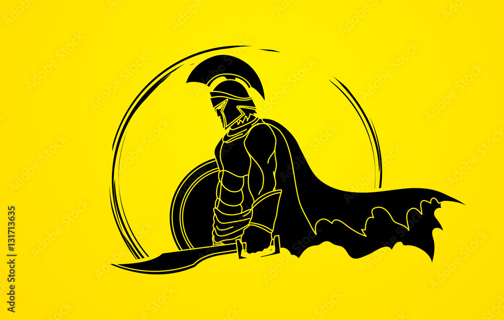 Spartan warrior with sword and shield designed using grunge brush ...
