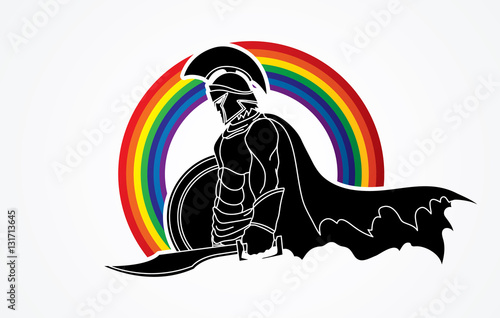 Spartan warrior with sword and shield designed on line rainbows graphic vector.
