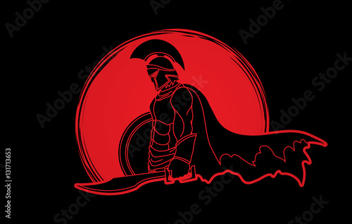 Spartan warrior with sword and shield designed on sunlight graphic vector.