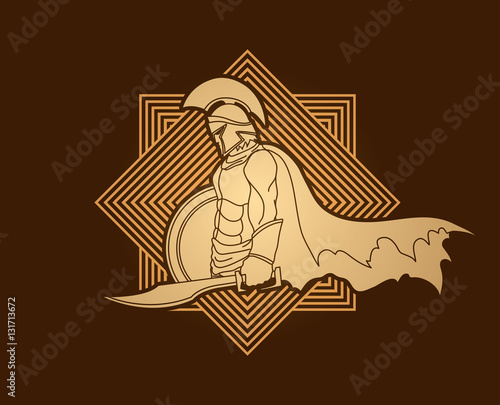 Spartan warrior with sword and shield designed on line square graphic vector.