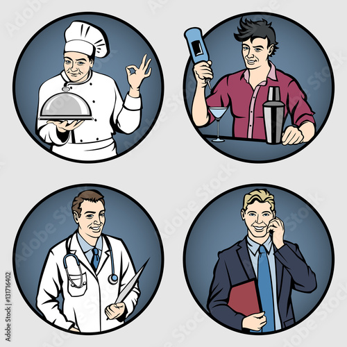 Set of men's professions. Male characters in different roles. Male professions - Manager, doctor, chef, barman. Vector illustration